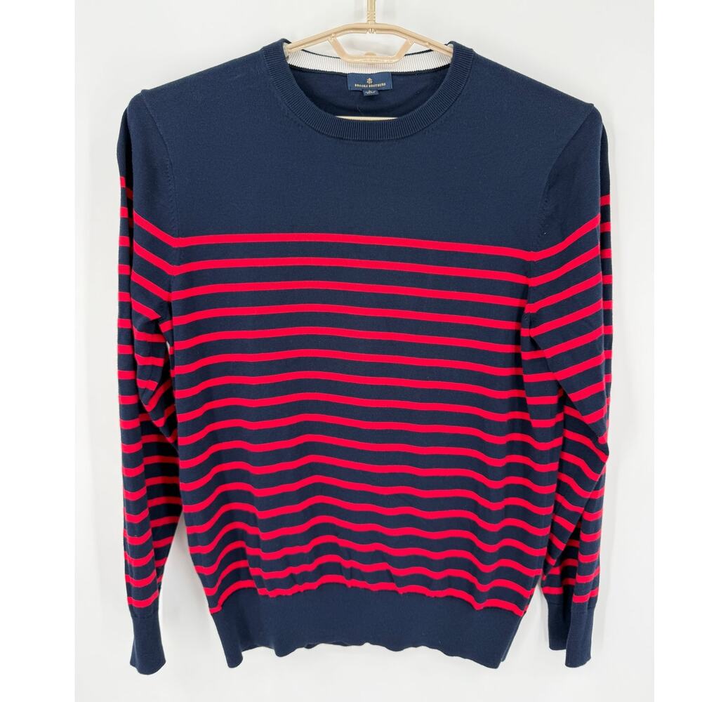 Brooks Brothers Mens 100% Cotton Stripe Sweater Nautical Blue Red Size Large NEW